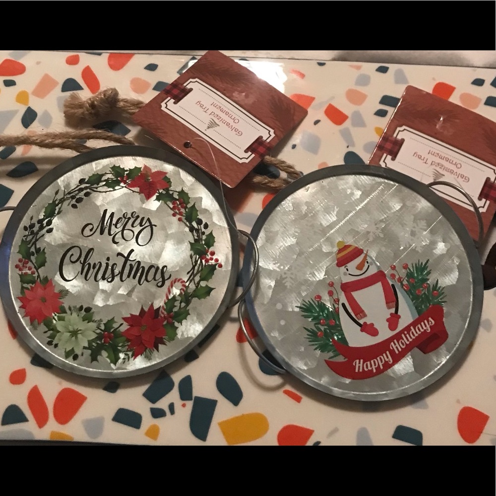 New Set of Two Galvanized Tray Ornaments: Happy Holidays & Merry Christmas